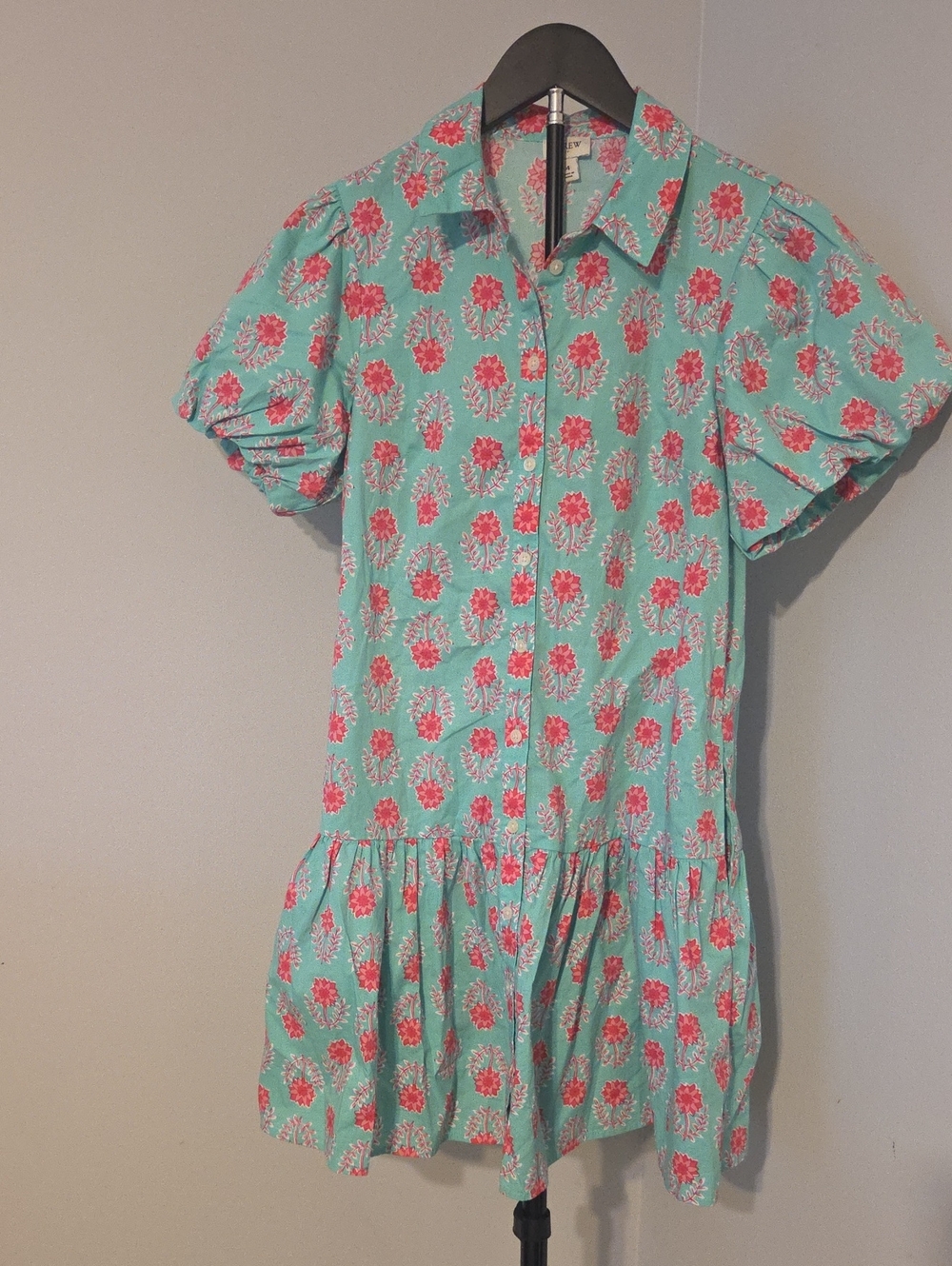 J. Crew Mint Dress with Pink Floral Print W/Pockets